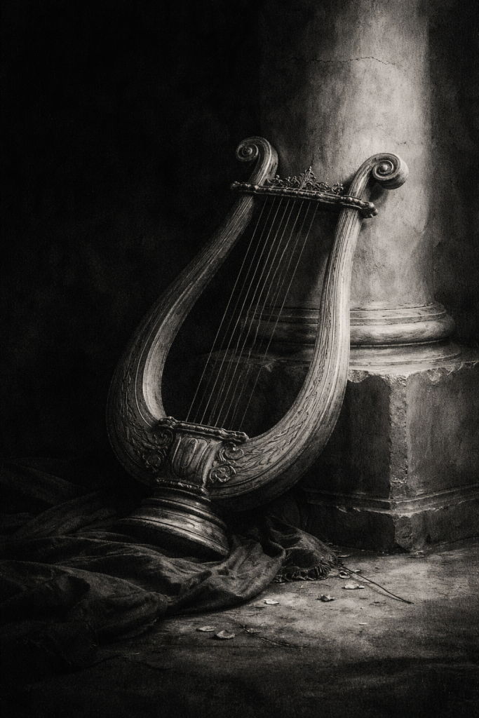 A sad Lyre laying against pedestal